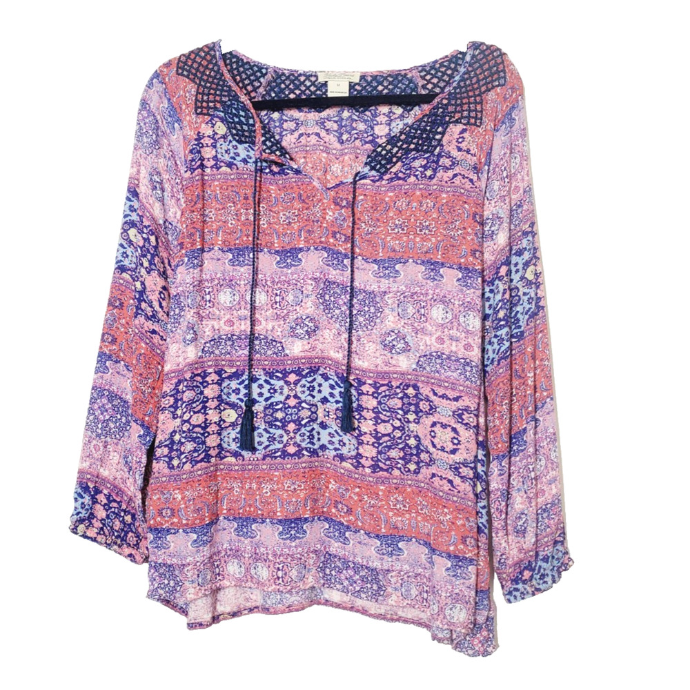Lucky Brand Womens Medium Peasant Top Bohemian Balloon Sleeve Printed Tassel‎